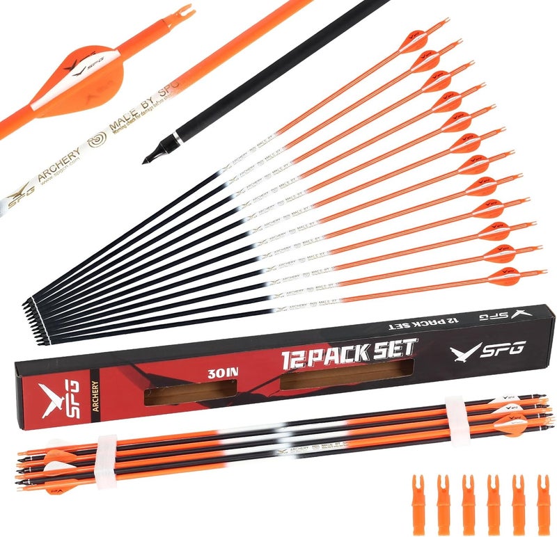SP.G Archery Arrows for Compound Bow - 30 Inch Arrows for Compound Bow, 500 Spine Carbon Compound Arrows for Recurve Bow Shooting Hunting 12 Packs - Image 1